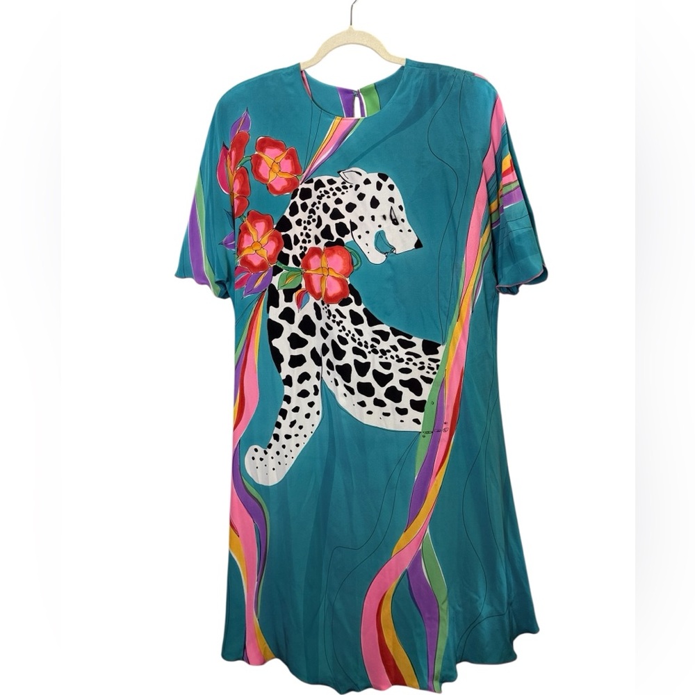 Yolanda Lorente Vintage Hand Painted 100% Silk Art to Wear 80’s Midi Dress sz L